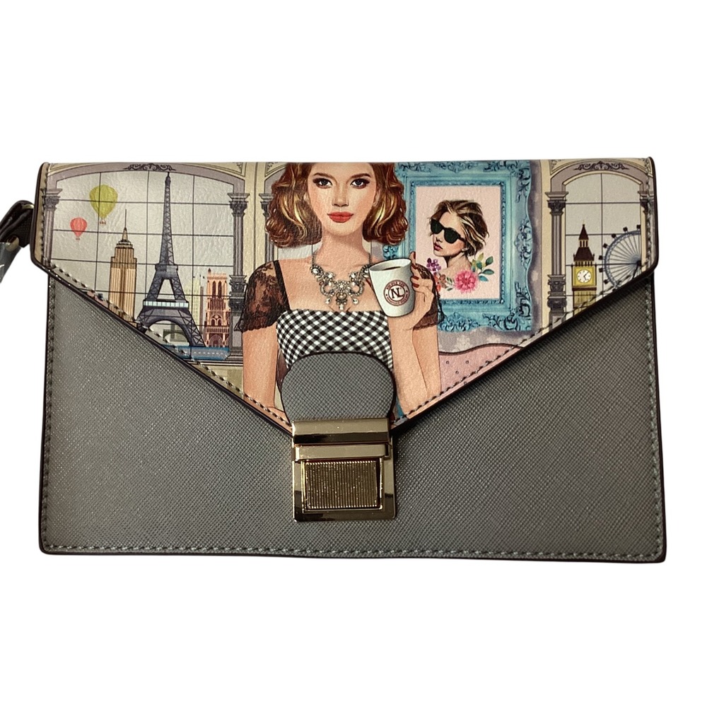 Nicole Lee Paris Graphic Print Wristlet Clutch Bag Gray Saffiano Faux Leather